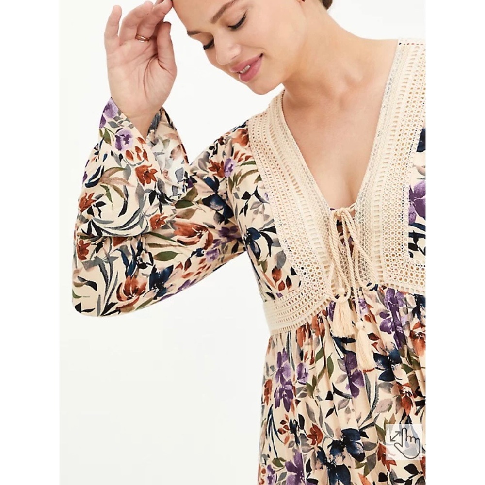 NWT Torrid Floral Babydoll Fit Plus Size Tan Skater Dress w/ Lace Up Neckline - Picture 5 of 10